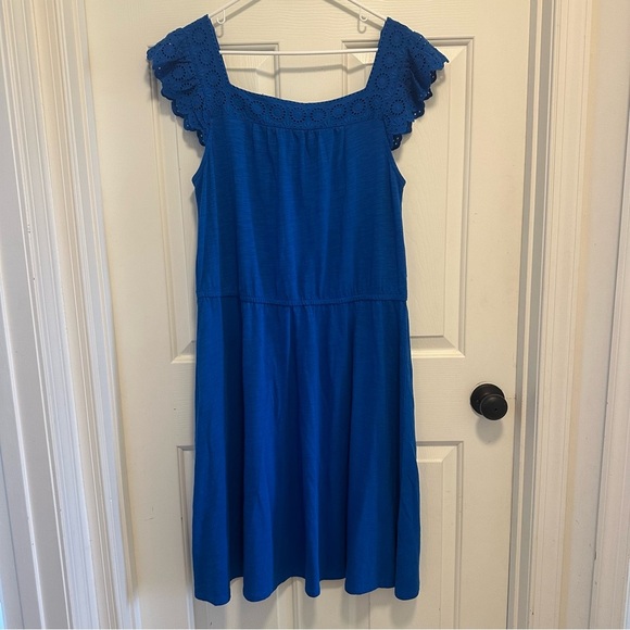 Talbots Cobalt Blue Stretch Eyelet Slub Fit and Flare Dress Size XL - Picture 2 of 7